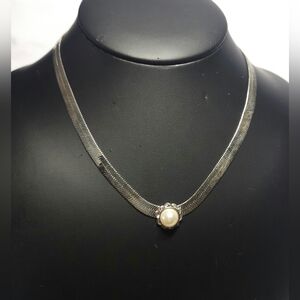 Vintage Silver Tone Herringbone Choker Necklace Faux Pearl Rhinestone Accent